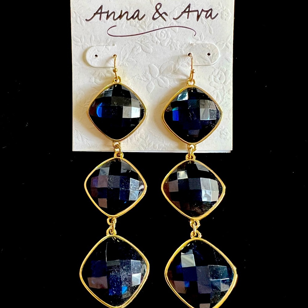 Pair of navy blue stone dangle earrings for pierced ears.